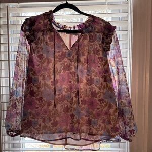 Vineyard Vines Sheer Floral Ruffle-Neck Blouse in Lavender and Blue